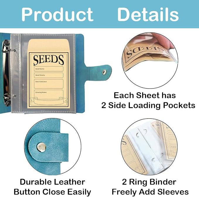 Seed Storage Organizer Binder, PU Seed Packet Organizer with 50 Clear Pockets(25 Pack Sheet Sleeves) and 50 Pack Seed Envelopes, Garden Seed Holder Book, Flower Plant Seed Keeper Blue