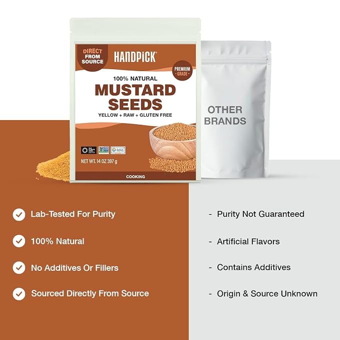 HANDPICK Yellow Mustard Seed (397g/14oz) Non GMO, Gluten Free, 100% Raw, Sourced from India, For Cooking, Pickles, Packed in Resealable Ziplock Pouch