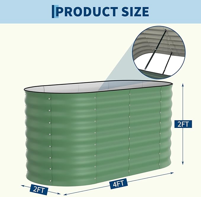 Garvee 2 Pack 4x2x2ft Galvanized Raised Garden Bed Kit, Oval Metal Planter Boxes with Anti-Cut Safety Edges, Rust-Resistant Deep Root Planters for Outdoor Vegetables, Flowers, Herbs, Green