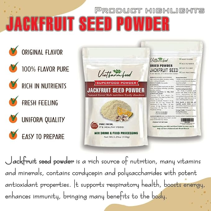 JACKFRUIT SEED POWDER 5.29 Oz (150g) VIETFARMFOOD: Pure freeze-dried fruit powder, made from real fruit with no added sugar - Perfect for daily nutrition to keep your body full of vitality.