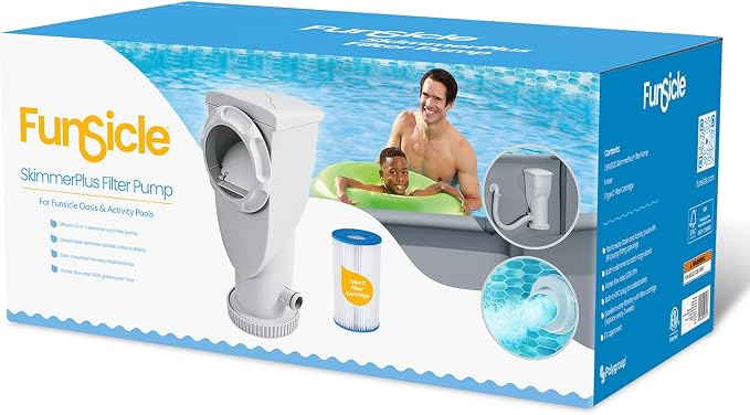 Funsicle SkimmerPlus 1000 GPH 2-in-1 Filter Pump and Skimmer System with Clamps and 1.5" Hose Fitting for Above Ground Swimming Pools | 2-in-1 Filter Pump and Skimmer System for Easy Swimming Pool Cleaning & Maintenance