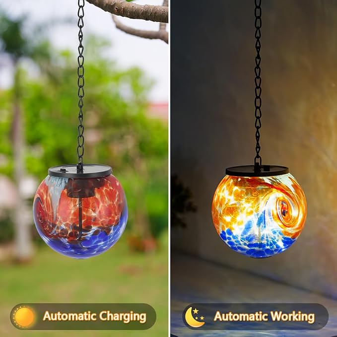 Solar Hanging Lanterns Outdoor, Solar Gazing Ball Lights, Waterproof Hanging Glass Light for Garden Yard Tree Home Xmas Decoration, Blue Splash-Ink