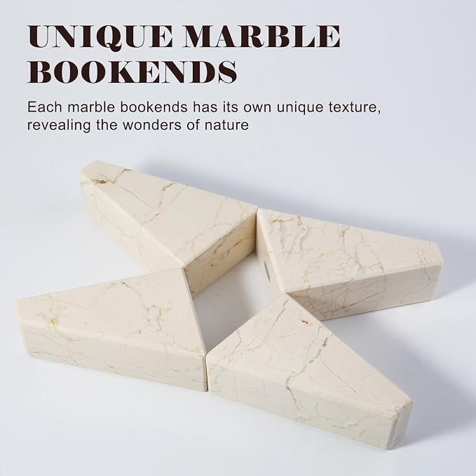 Koville Marble Bookends for Shelves, Large Bookends for Heavy Books, Non-Slip Heavy Duty Book Stopper for CD/Movies, Aesthetic Decorative Bookends for Shelves Table Home Decor(Beige)