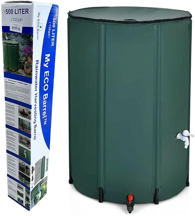 My ECO Barrel™ Rollable/Compressible 132 Gallon Rainwater Harvesting Barrel – Large Rainwater Collection System – High Frequency Welded Seams Plus 360° Zipper, Portable Water Storage Tank; BPA Free