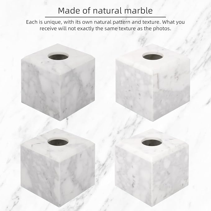 Natural Marble Square Tissue Box Cover ,Stone Modern Decorative Sturdy Napkin Box Holder Case,Facial Paper Organizer for Bathroom Vanity Toilet Countertop,Kitchen (1, Carrara White, 5.71*5.71*5.51)