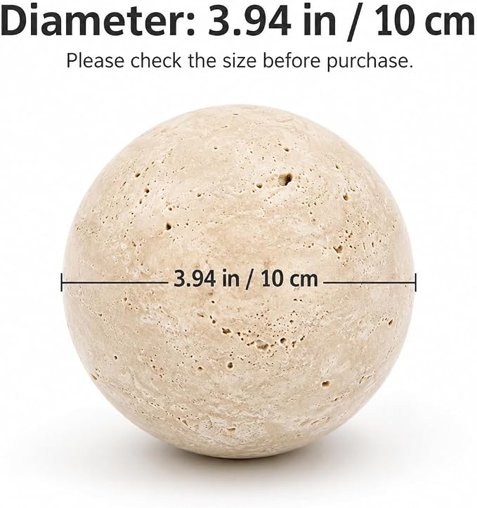 Natural Travertine Decorative Sphere, 3.94 Inch Stone Ball Decor, Hand-Polished Beige Orb Accent for Coffee Table, Shelf, Dresser and Living Room