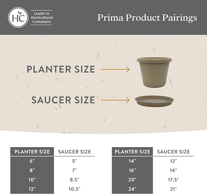 The HC Companies 6 Inch Prima Round Planter Pots with Drainage Holes and Rolled Rim, Lightweight UV-Resistant Plastic Indoor & Outdoor Planters, 4-Pack Flower Pots for Garden & Home Decor, Cappuccino