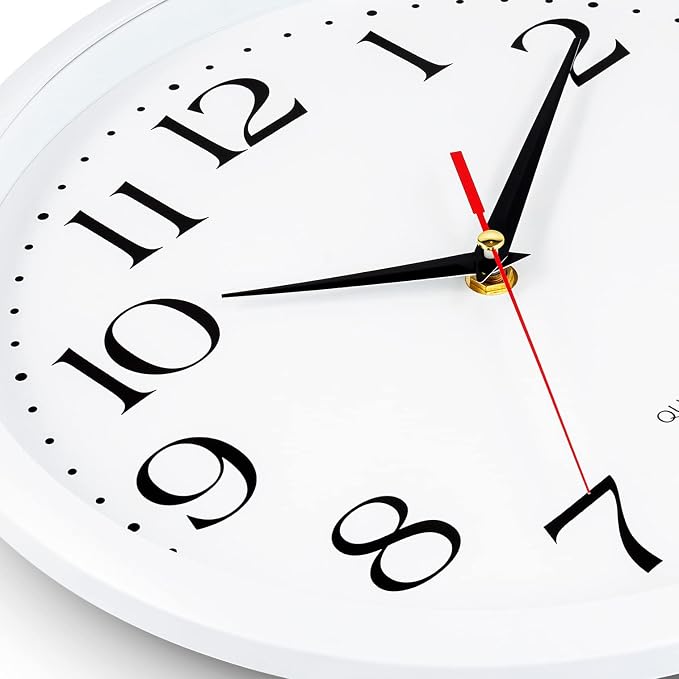 Bernhard Products White Wall Clock Silent Non Ticking, 12 Inch Quality Quartz Battery Operated Round Easy to Read Home/Office/Kitchen/Classroom/School Sweep Clock, Black Hands