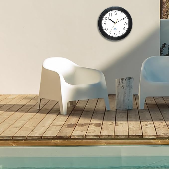 Caysie 11 Inch Sealed Indoor Outdoor Waterproof Wall Clock, Durable Silent Non-Ticking Battery Operated Quality Quartz Round Clock, Wall Decorative for Patio, Pool, Bathroom (Black)