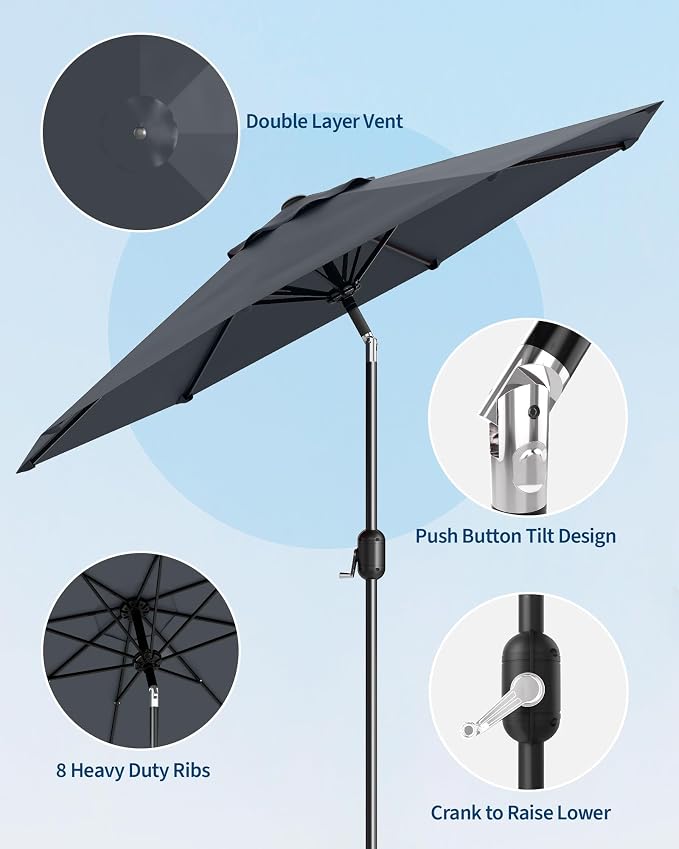 GarveeLife 9 ft Patio Umbrella, Outdoor Table Market Umbrella with Push Button Tilt and Crank, 8 Sturdy Ribs UV Protection Waterproof for Garden, Deck, Backyard, Pool (Grey)