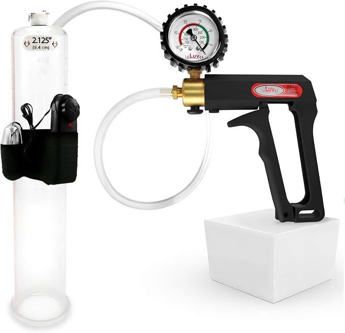 LeLuv Vibrating Penis Pump Maxi Black Handle + Protected Gauge - Bundle with Clear Hose - 12 inch Length x 2.125 Inch Diameter Cylinder