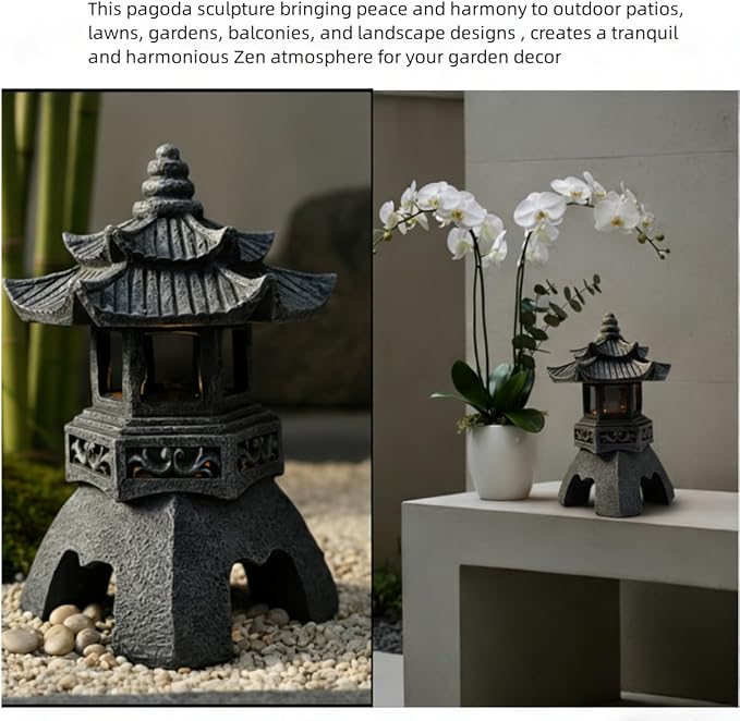 Solar Pagoda Lantern Garden Statue: Japanese Zen Lantern Garden Decor-LED Figurine Lamp Pagoda Statue Figurine for Home Table Outdoor Decor