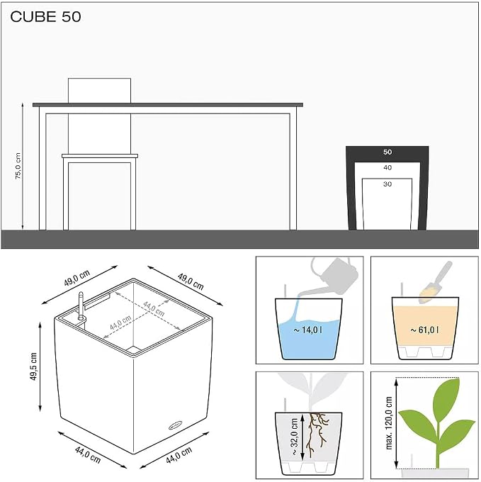 Lechuza Cube 50 Premium Charcoal Metallic, Self-Watering Square Planter, H19.3 L19.3 W19.3 in