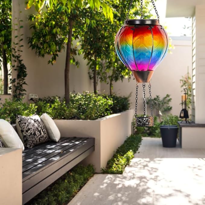 Starsoul Hot Air Balloon Solar Lantern with Candle Holder Flickering Flame Hanging Garden Light Waterproof Glass Solar Lanterns Outdoor Waterproof Decorative for Lawn Porch Tree Yard