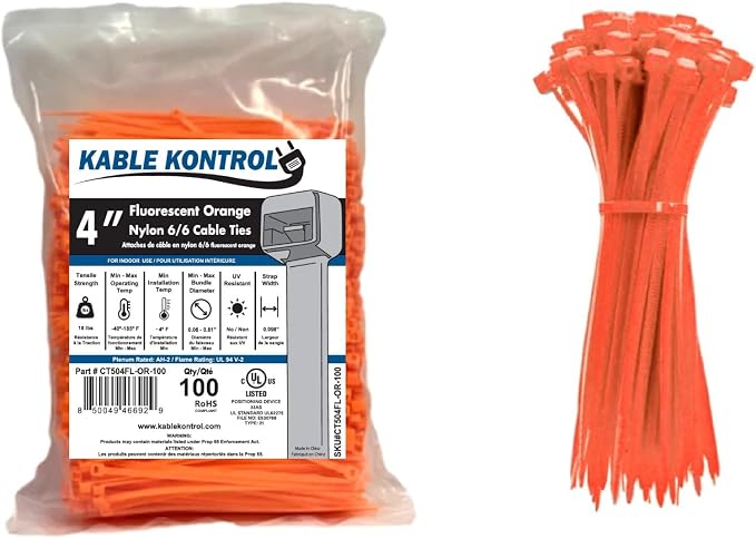 Kable Kontrol Fluorescent Orange Zip Ties 4 Inch 100 Pcs, 18 Lbs Tensile Strength, Self-locking Nylon Colored Cable Ties Wire Wraps for Indoor or Outdoor Use…