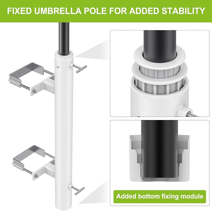 Dolibest Heavy Duty Patio Umbrella Holder, Steel Deck Clamp Holder up to 2'' Poles, Deck Mount Umbrella Holder, Space Saving Design, Attaches to Railing Max Width 4 inch, Easy Installation- White