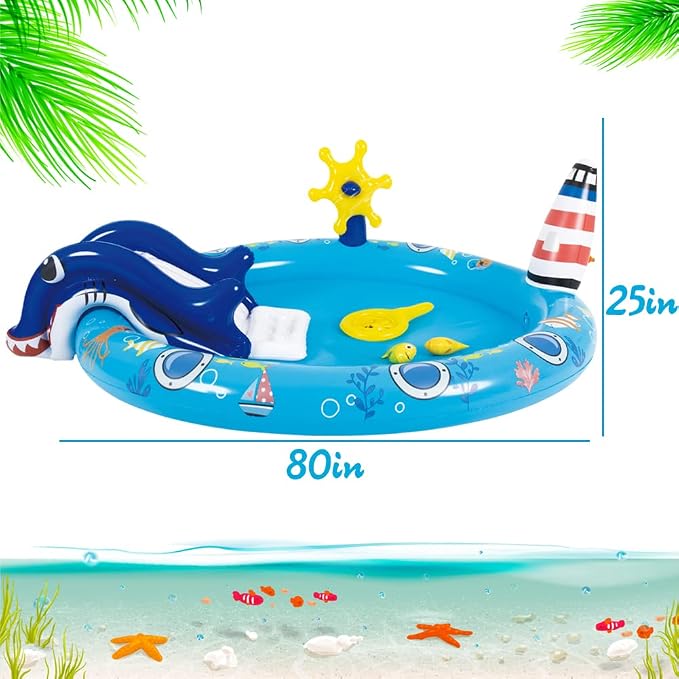 Inflatable Kiddie Pool with Slide and Sprinkler,Kids Pool for Outdoor Play | Marine Life Toddler Pool,Water Game Play Center,80" x 60" x 25"