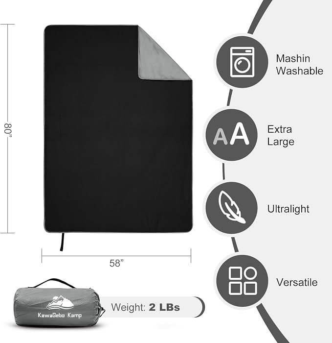 Large Waterproof Outdoor Picnic Blanket 80"x 58" | Windproof Lightweight Stadium Blanket, Packable, Stay Dry and Comfortable for Camping, Sports, Travel - Grey