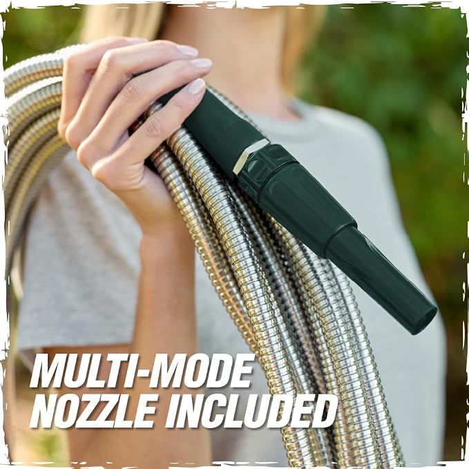 RUGGED RHINO Metal Garden Hose with Spray Nozzle, 304 Stainless Steel, 750 PSI Burst Strength, Heavy Duty Flexible Water Hose, Kink Resistant, Leakproof for Yard, Lawn and Outdoor Use, Green 25FT