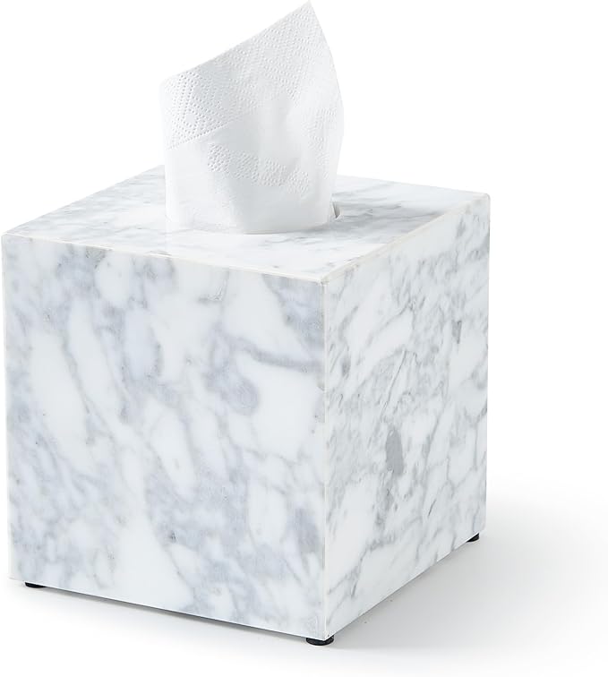 Real Natural Marble Tissue Box Cover, 5.5 Inch Square Marble Tissue Box Holder with Open Bottom, Heavy Stone Decorative Organizer for Bathroom Vanity, Kitchen Countertop, Luxury Home Décor