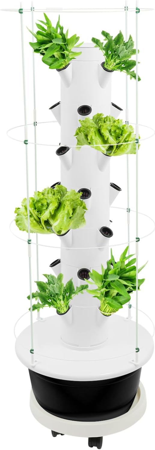 28 Pods Hydroponics Growing System kit, 7-Layer Movable Vertical Hydroponic Tower with Pump Timer Climbing Support Frame Indoor Gardening System for Vegetables Fruits Herb