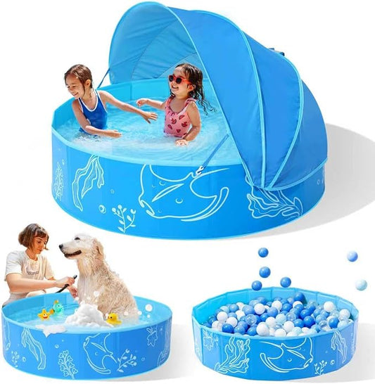 Hikiddy Foldable Kiddie Pool with Canopy, 47in, Blue-Blue | Summer Water Play Pool with Removable Shade - for Baby Toddler Kids Pets - Portable for Outdoor Backyard Beach