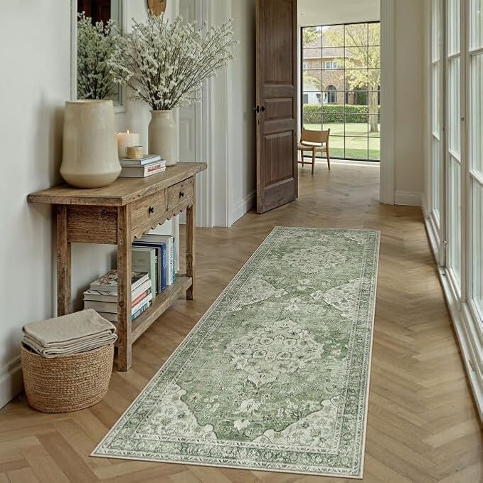 Sage Green Runner Rug 2x6 Kitchen Vintage Floral Non-Slip Carpet | Machine Washable, Soft, Low Pile, Distressed, for Hallway, Entryway, Laundry Room, Bathroom, Retro Farmhouse Decor