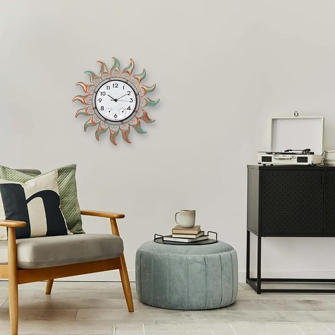Outdoor Clock with Thermometer and Hygrometer Combo, 13 Inch Bronze Sun Outdoor Wall Clock Waterproof, Silent No-Ticking Outdoor Clocks for Patio, Living Room, Kitchen, Garden