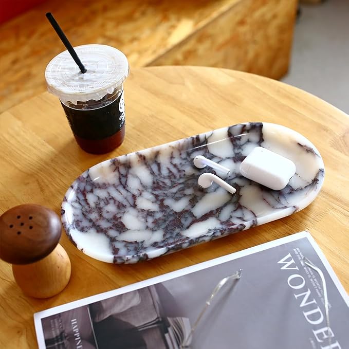 DUANYAN Natural Marble Tray, Coffee Table, Food, Fruit, Paper Cup, Cake Display, Coffee bar, Family Gatherings, Seasonal Holiday Decoration Tray(Viola-oval-11 x5 x0.7)