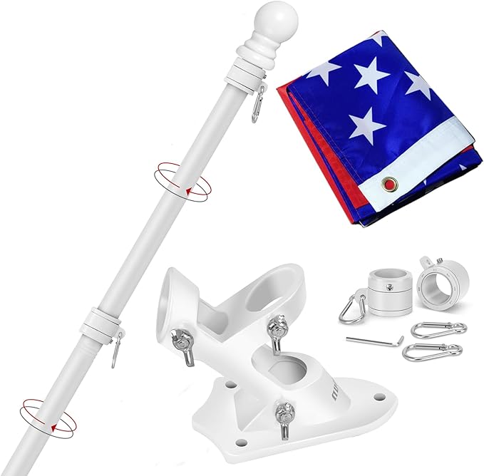 Yeesun 6 FT Wall Mount Flag Pole Kit with 3x5 American Flag, White, for Home Porch, Outdoor Deco. Residential or Commercial, Tangle Free