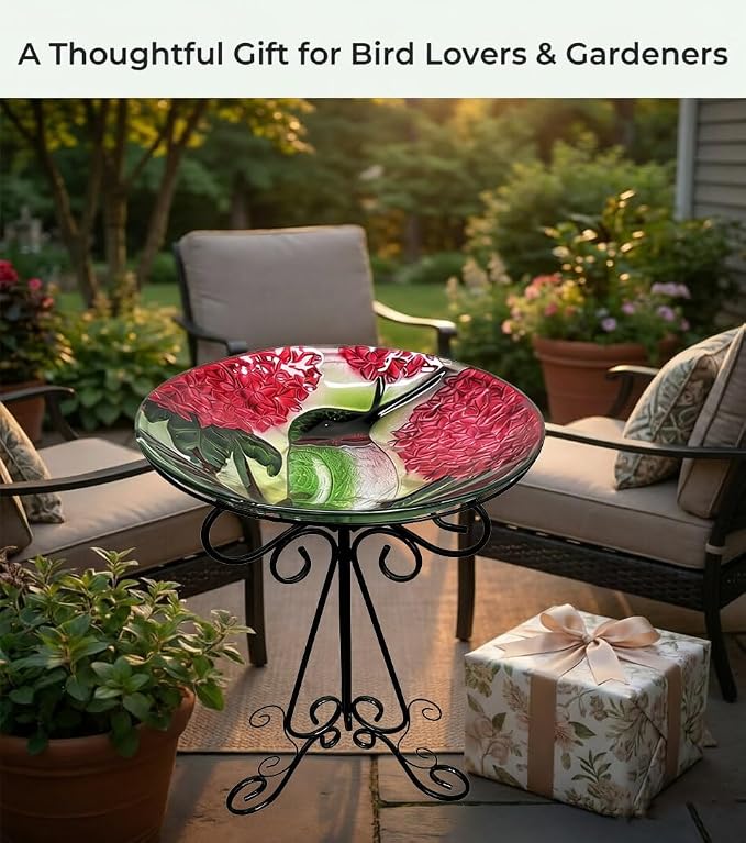 Large Bird Bath for Outside, 18" D Glass Bath Bowl with Metal Stand 28" H Standing Outdoor Birdbaths for Garden Yard Lawn Decor, Hummingbird-Red-New