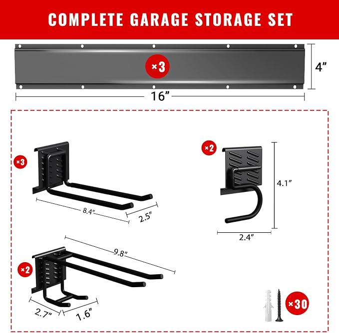 Garage Tool Organizer Wall Mount, Easy to 48inch Install Heavy-Duty Garage Storage System with 7 Adjustable Hooks, Garden Tool Rack for Shovels, Rakes, Yard Tools