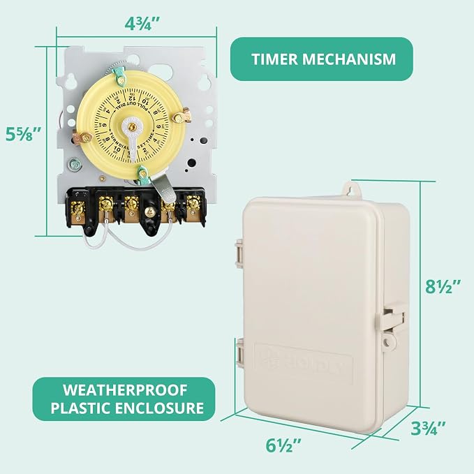 T104 Mechanical Pool Timer Switch, Weatherproof Plastic Enclosure, 208-277VAC 60Hz DPST, Indoor/Outdoor Install, for Pool Pump, Spa Equipment, Landscape Lighting, Outdoor Irrigation