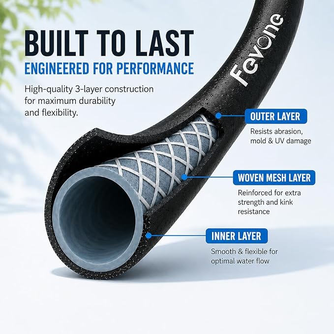 FEVONE 3 ft Lead-in Garden Hose, Leader Hose for Hose Reel | Hybrid Polymer, Flexible, Heavy Duty Water Hose, 5/8 ID, 600 PSI, Leak-Proof, Solid Brass 3/4 GHT Connectors