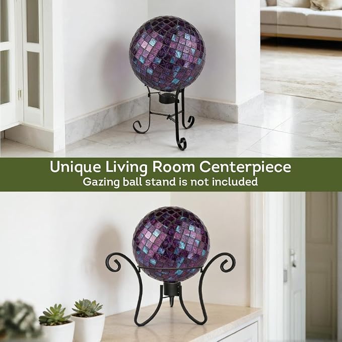 Lily's Home Colorful Mosaic Glass Gazing Ball, Designed with a Stunning Holographic Petal Mosaic Pattern to Bring Color and Reflection to Any Home and Garden, Purple Mirrors (10" Diameter)