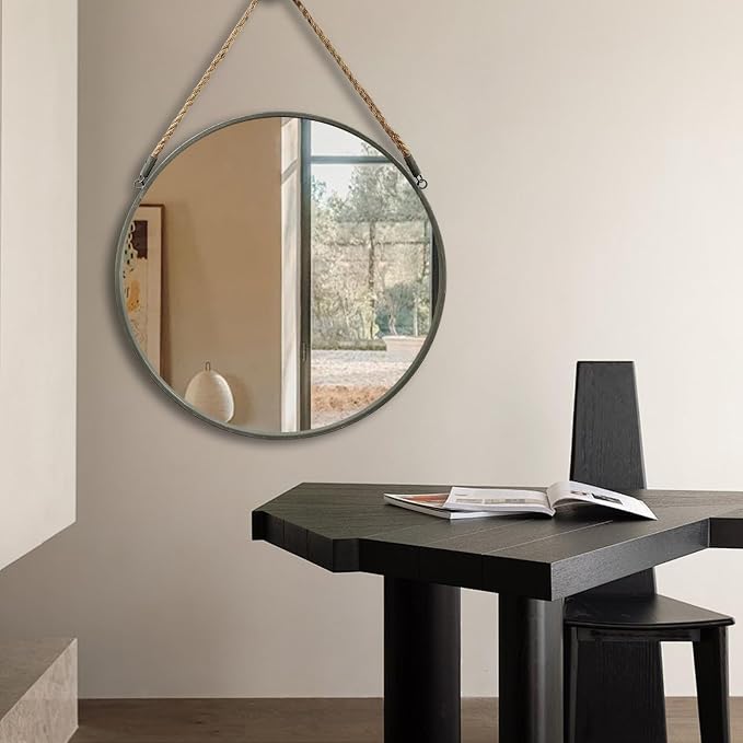 POZINO 24 Inch Round Mirror with Grey Metal Frame, Hanging Mirror for Wall | Circle HD Mirror with Jute Rope, Anti-Rust, Farmhouse Decorative Wall Mirror for Entryway, Living Room, Fireplace, Bathroom