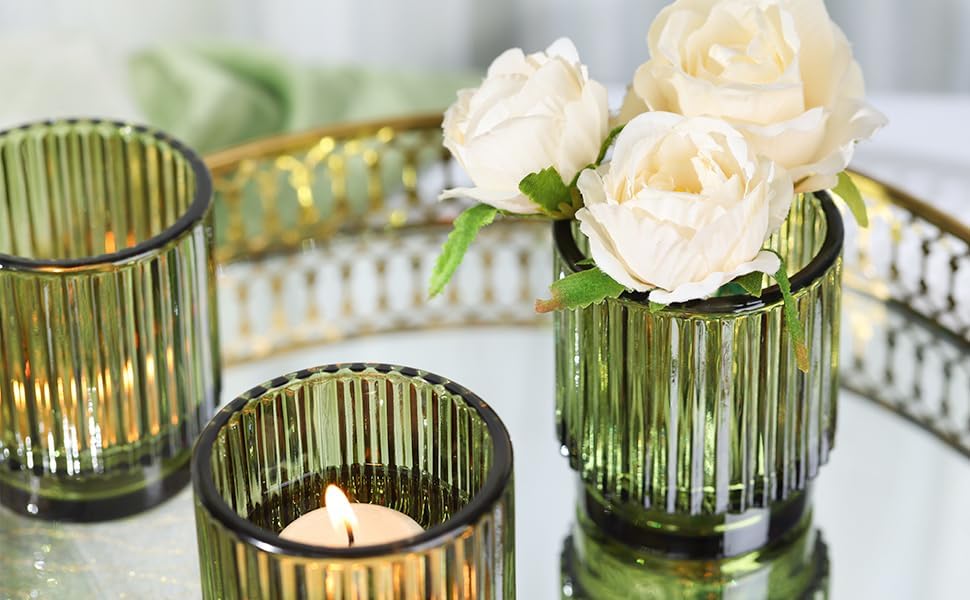 DEVI 8pcs Large Green Votive Candle Holders for Wedding Centerpieces, Glass Tea Lights Candle Holder Decor, Wedding Bridal Shower Party Table Decor, Vintage Boho Easter Decor for Table Centerpiece - Image 3