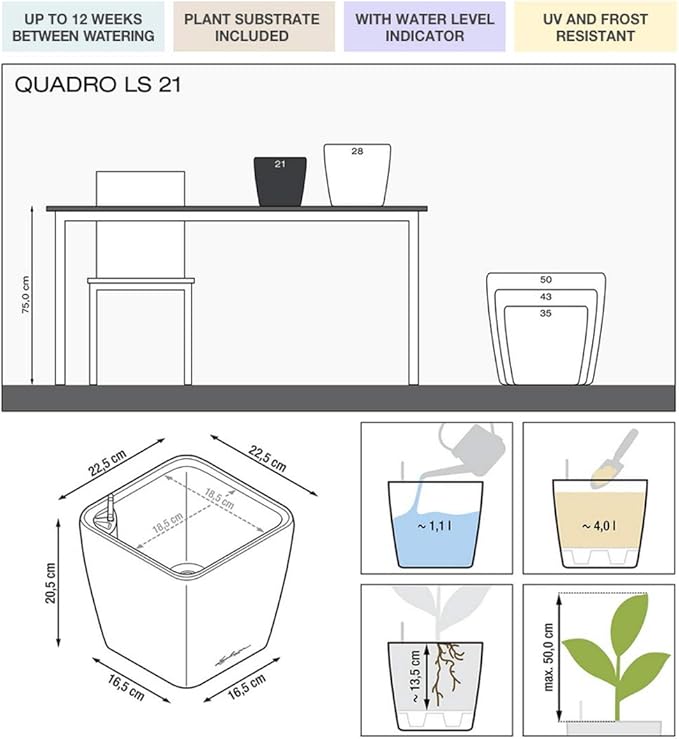 Lechuza Quadro LS 21 Shiny Taupe High Gloss, Self-Watering Square Planter, H7.9 L8.3 W8.3 in