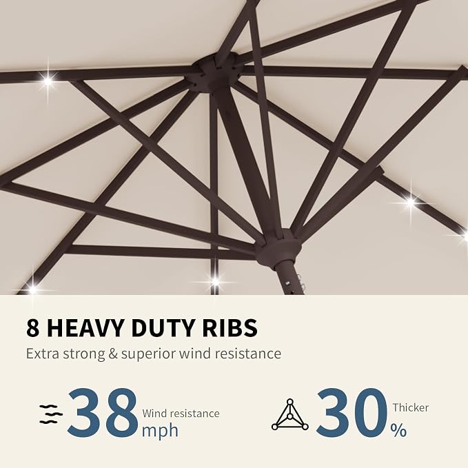 9FT Patio Umbrella with Solar Lights,Outdoor Market Umbrella with Tilt and Crank, LED Lighted Table Umbrella for Garden,Deck,Backyard,Pool,Beach (Beige)