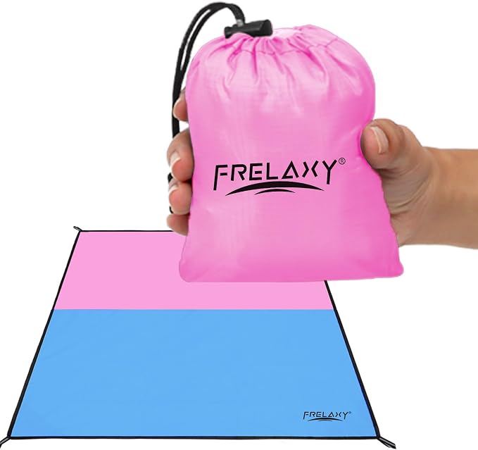 Frelaxy Pocket Picnic Blanket, Waterproof Sandproof Beach Mat, Compact Camping Tarp for Festivals, Hiking, Travel, Outdoor Recreation (Pink & Blue, 57'' x 60'')