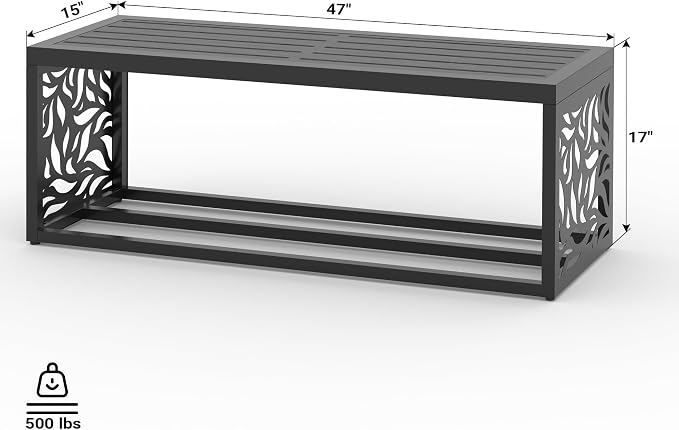 47" Outdoor Garden Bench with Storage Shelf, Modern Black Entryway Bench, Wood-Grain HDPE Seat, Galvanized Steel Frame with Powder Coating for Porch, Yard, Patio, Willow Leaf