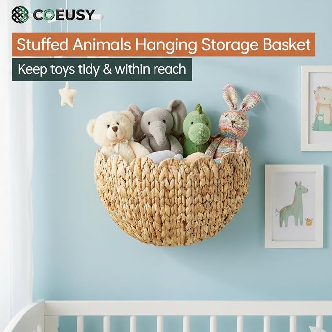 Coeusy Wicker Wall Basket, Boho Scalloped Wall Basket,Large Wall Hanging Baskets for Nursery,Door,Plants,Mail,Natural Water Hyacinth