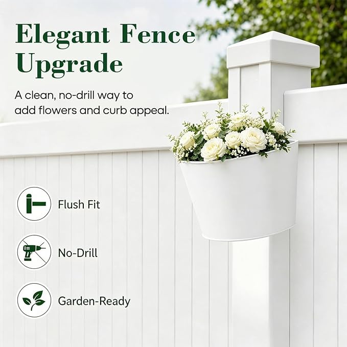 2 Pack White Metal Fence Post Planter for 4x4 & 5x5 PVC Vinyl Fence, No-Drill Hanging Flower Pots for Outdoor Plants, Flush Fit Planters with Drainage for Garden Yard Outdoor Decor