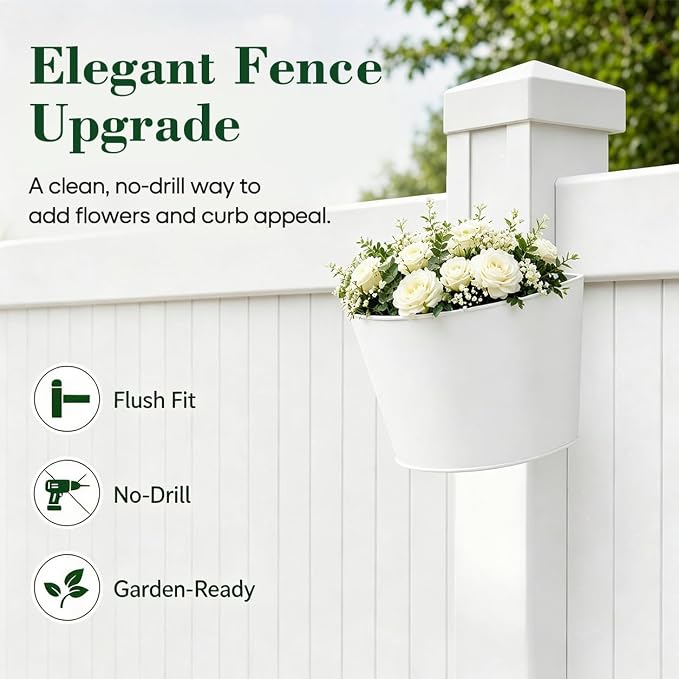 4 Pack White Metal Fence Post Planter for 4x4 & 5x5 PVC Vinyl Fence, No-Drill Hanging Flower Pots for Outdoor Plants, Flush Fit Planters with Drainage for Garden Yard Outdoor Decor