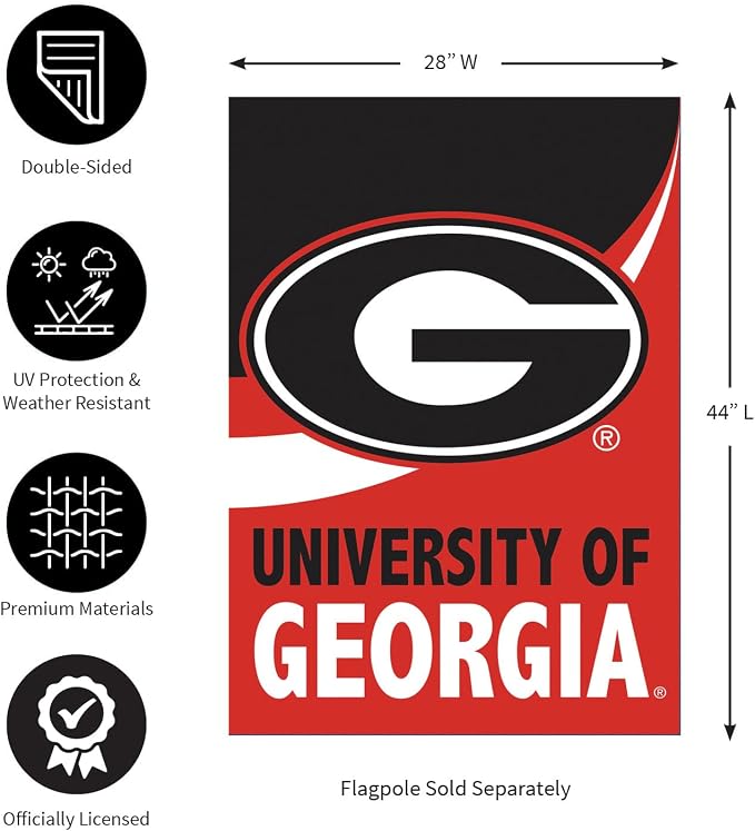 NCAA University of Georgia House Flag, 28 x 44, Double Sided Garden Flags for Outside, Outdoor College Flags & Banners for Gardens Patio, Indoor Wall Decor Flag for Room