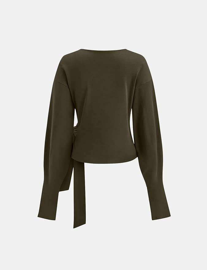 Dsewpaur Twist Knot Tie Front Sweatshirt Tops For Women Long Balloon Sleeve Crew Neck Pullover Casual Fall Outfits