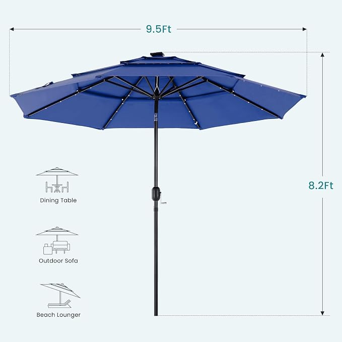 DUMOS Outdoor Solar Patio Umbrella 3 Tiers with 32 LED Lights, Beach Market Table Umbrella with Crank and 8 Sturdy Ribs for Pool, Terrace, Restaurant