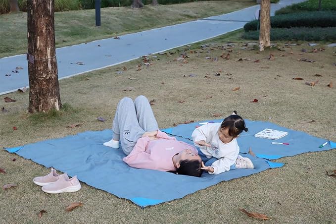 Orga'Neat Pocket Picnic Blanket, Beach Mat Waterproof Sandproof, Compact Lightweight Small Tarp for Camping, Hiking, Backpacking, Festival, Travel, Foldable in Bags (Grey/Blue, 55"x79")