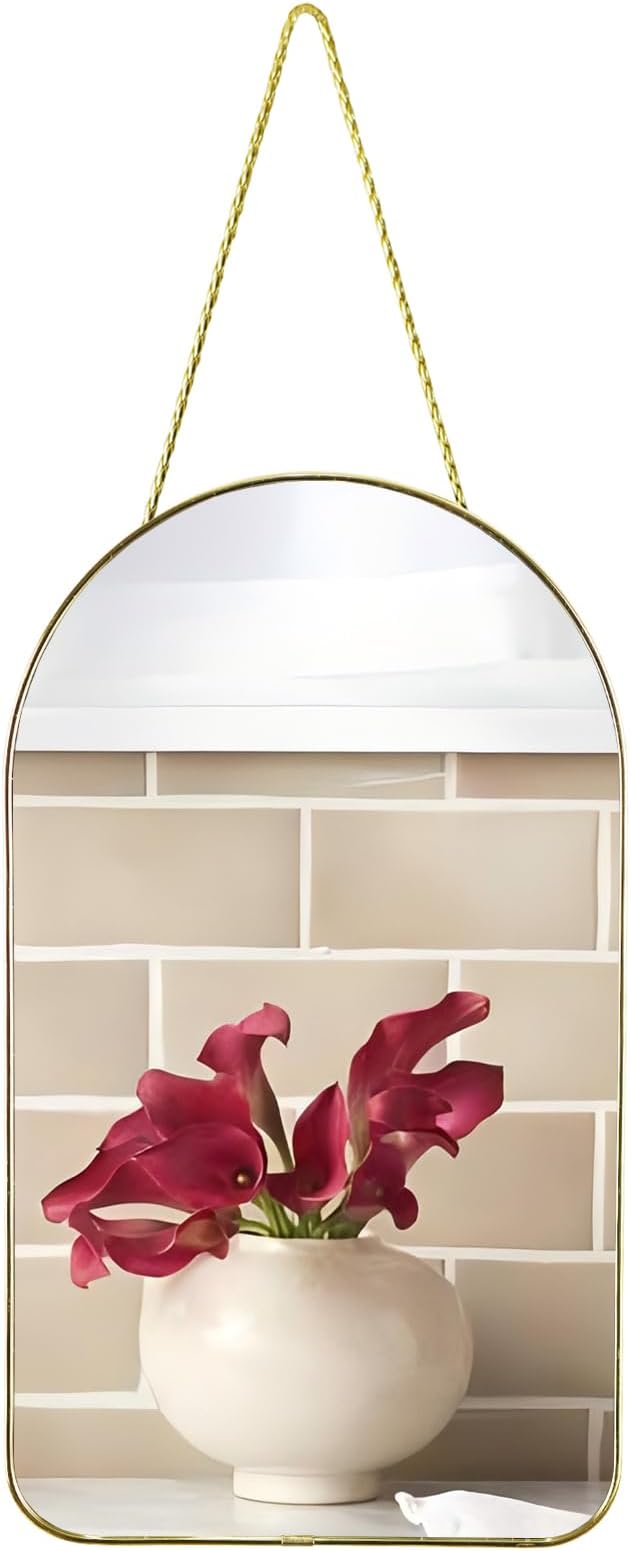 Funerom Small Decorative Arched Wall Mirror with Gold Frame, 15.8 x 9 inch | Small Modern Hanging Mirror for Bedroom Bathroom