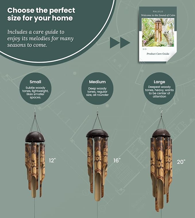 Nalulu Rustic Bamboo Wind Chimes - Outside Outdoor Wooden Windchimes, Small, Floral Burned Design with Coconut Crown, Handcrafted with Calming Deep Tones, Home Decor Ideal Gift for Him & Her